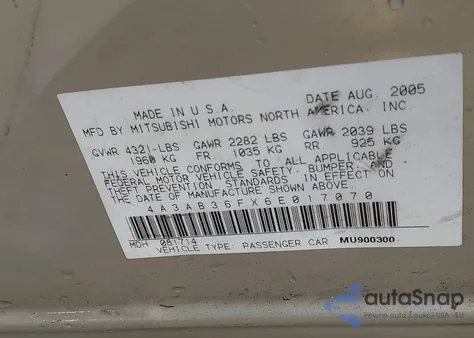 2006 Mitsubishi Galant Es/Se из США, поврежденный, VIN 4A3AB36FX6E017070